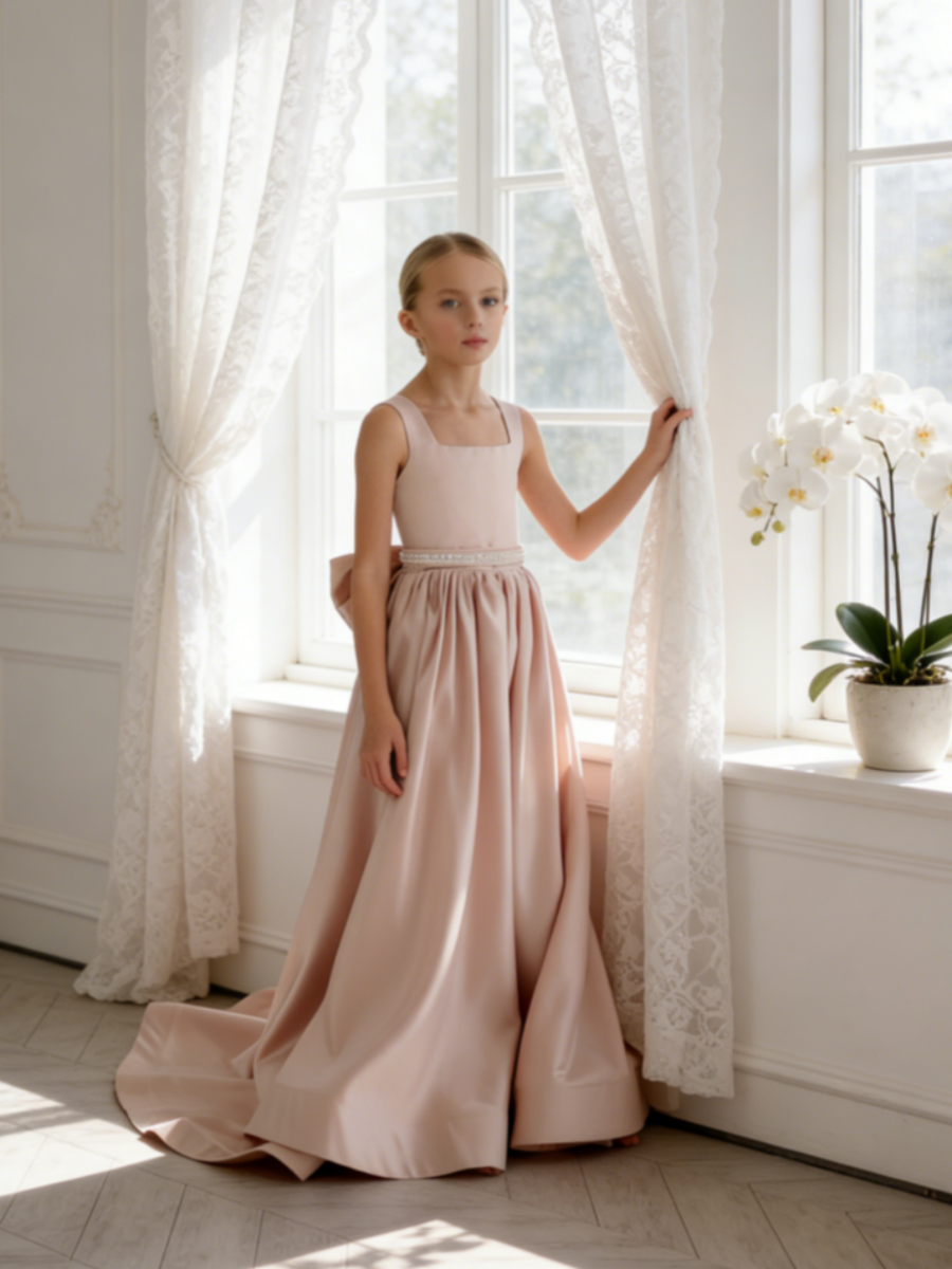 Sleeveless Satin Flower Girl Gown with Lace Up Back Bow for Wedding Formal Pageant