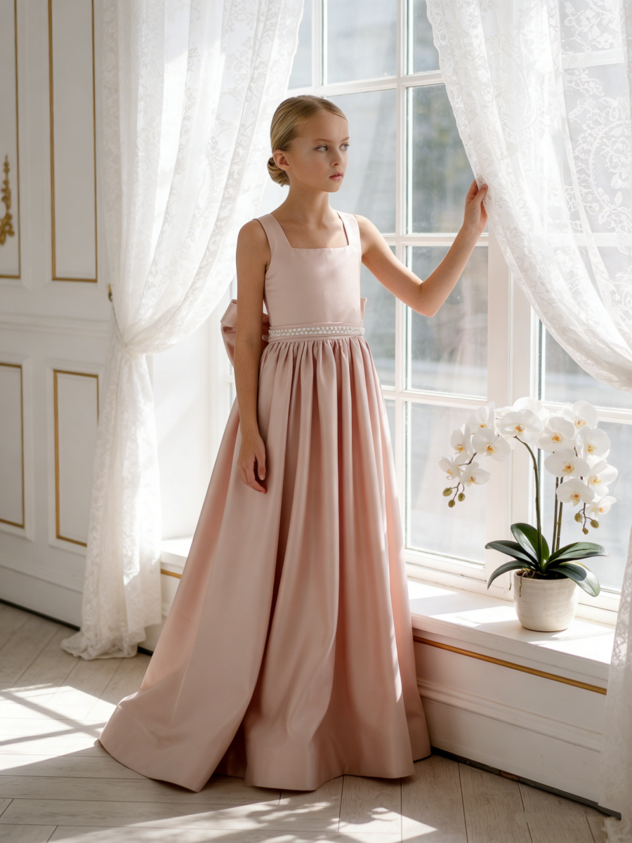 Sleeveless Satin Flower Girl Gown with Lace Up Back Bow for Wedding Formal Pageant