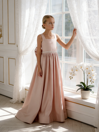 Sleeveless Satin Flower Girl Gown with Lace Up Back Bow for Wedding Formal Pageant