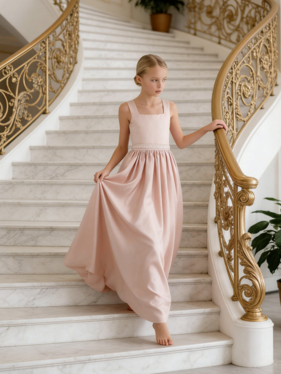 Sleeveless Satin Flower Girl Gown with Lace Up Back Bow for Wedding Formal Pageant