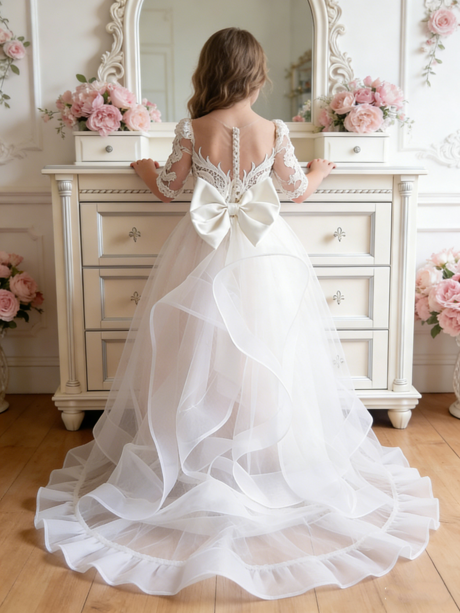 Lace 3/4 Sleeve Tulle Flower Girl Gown with Back Bow for Wedding Formal Pageant