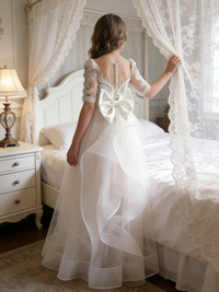 Lace 3/4 Sleeve Tulle Flower Girl Gown with Back Bow for Wedding Formal Pageant
