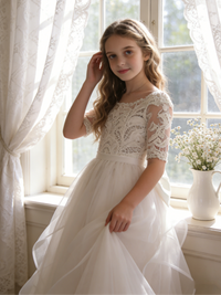 Lace 3/4 Sleeve Tulle Flower Girl Gown with Back Bow for Wedding Formal Pageant