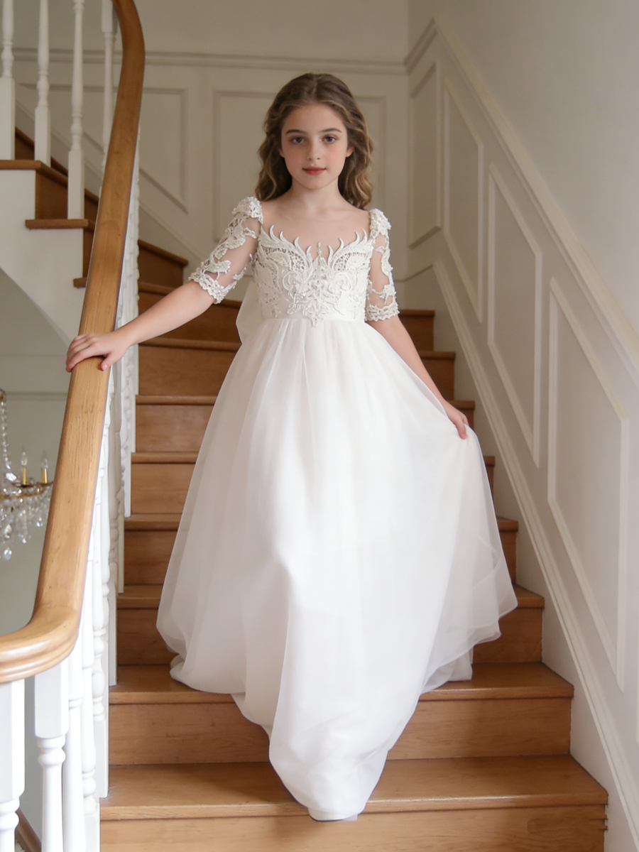 Lace 3/4 Sleeve Tulle Flower Girl Gown with Back Bow for Wedding Formal Pageant