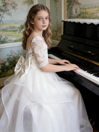 Lace 3/4 Sleeve Tulle Flower Girl Gown with Back Bow for Wedding Formal Pageant