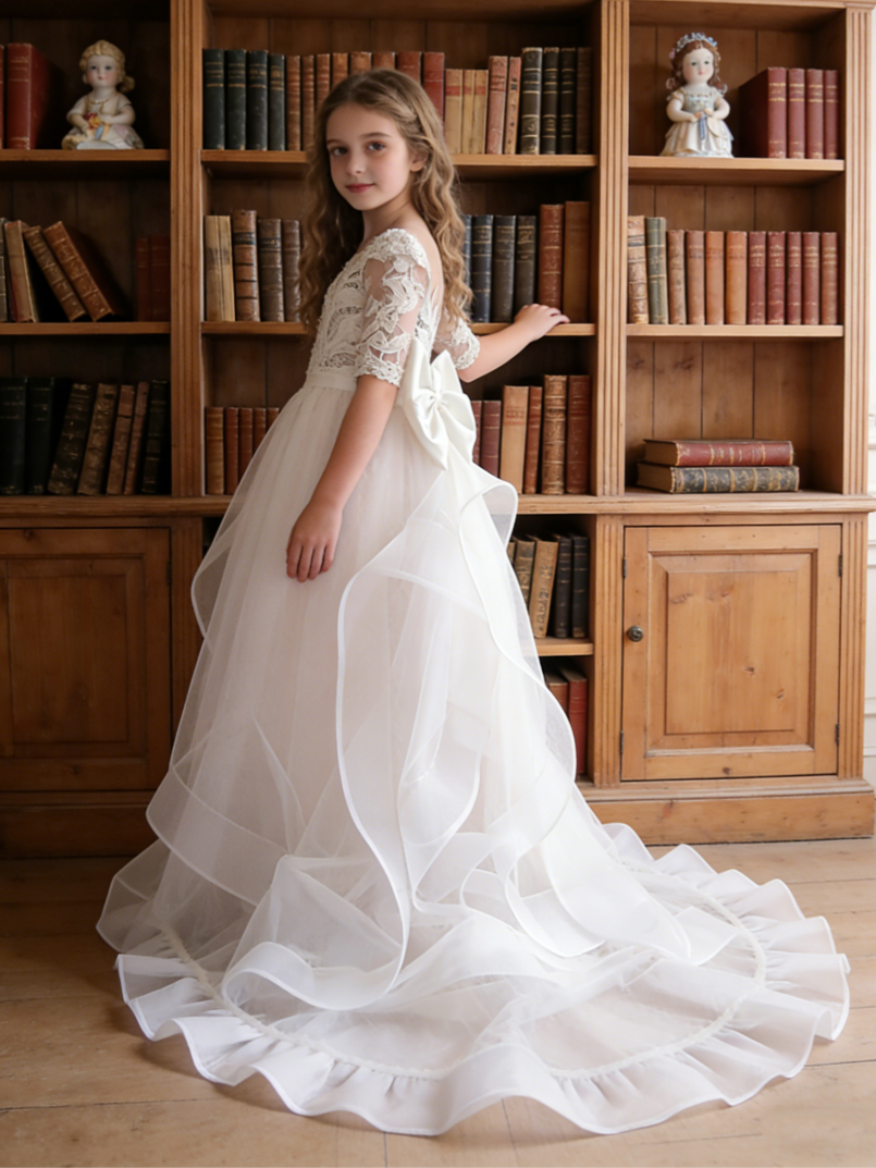 Lace 3/4 Sleeve Tulle Flower Girl Gown with Back Bow for Wedding Formal Pageant