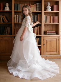 Lace 3/4 Sleeve Tulle Flower Girl Gown with Back Bow for Wedding Formal Pageant