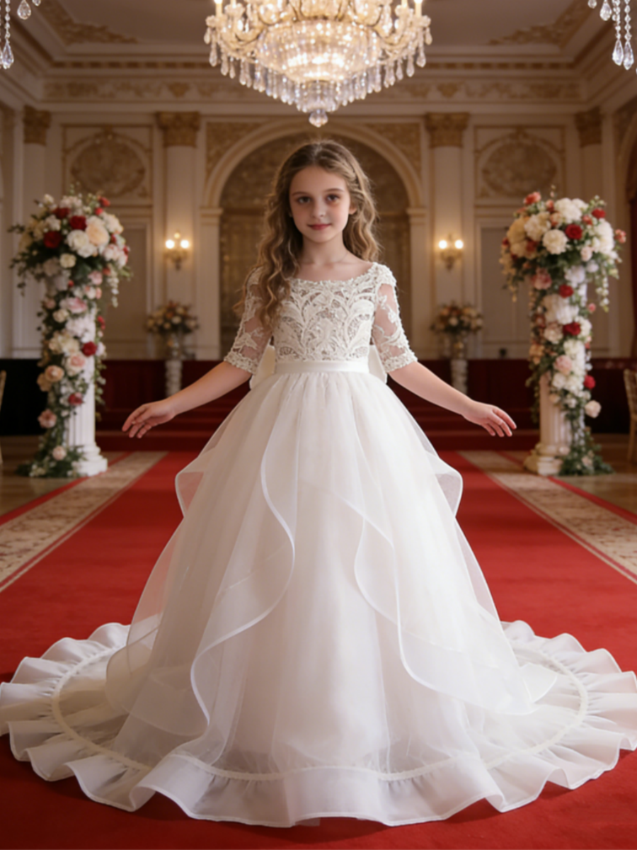 Lace 3/4 Sleeve Tulle Flower Girl Gown with Back Bow for Wedding Formal Pageant