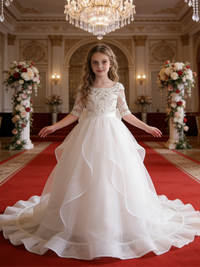 Lace 3/4 Sleeve Tulle Flower Girl Gown with Back Bow for Wedding Formal Pageant