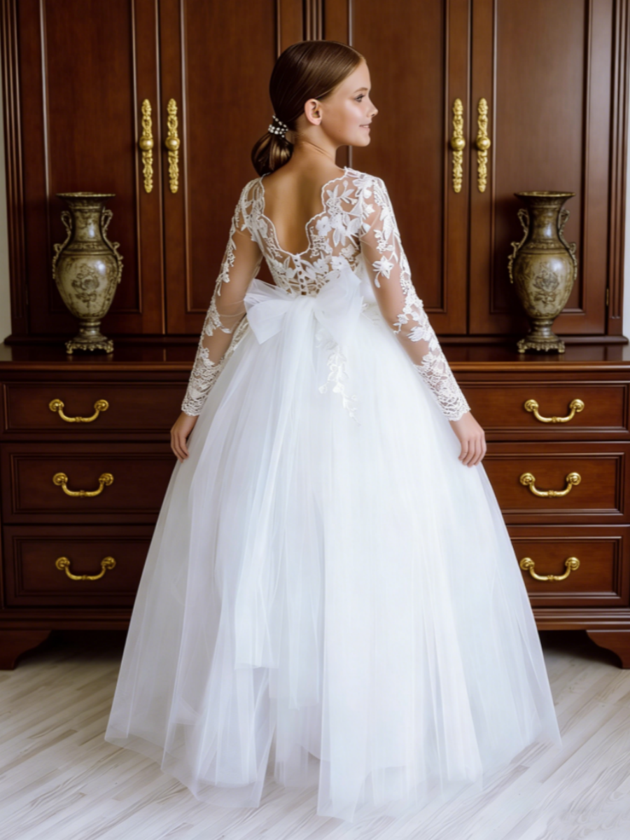Long Lace Sleeve Tulle Flower Girl Gown with Back Bow for Wedding Formal First Communion