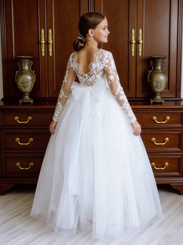 Long Lace Sleeve Tulle Flower Girl Gown with Back Bow for Wedding Formal First Communion