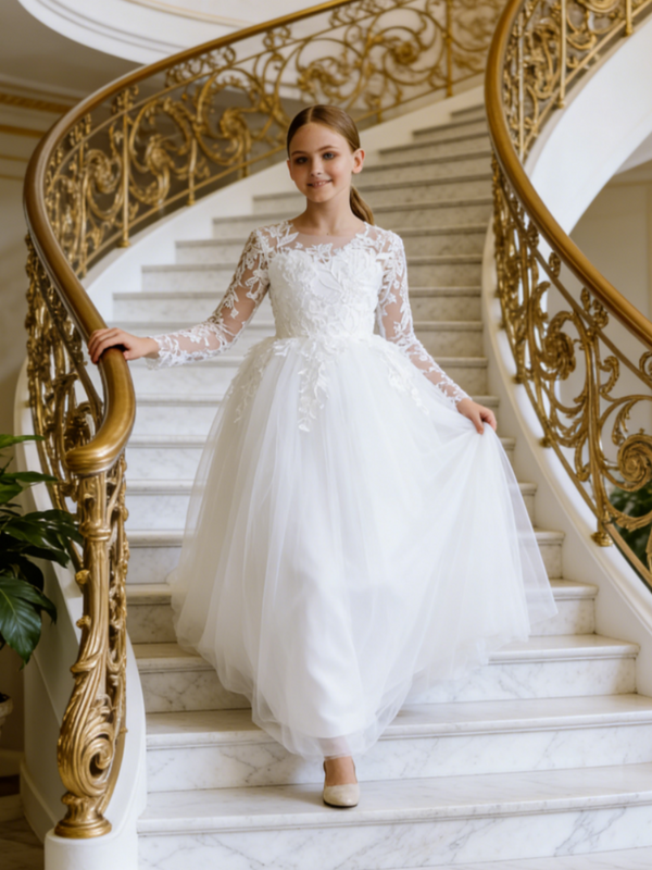 Long Lace Sleeve Tulle Flower Girl Gown with Back Bow for Wedding Formal First Communion
