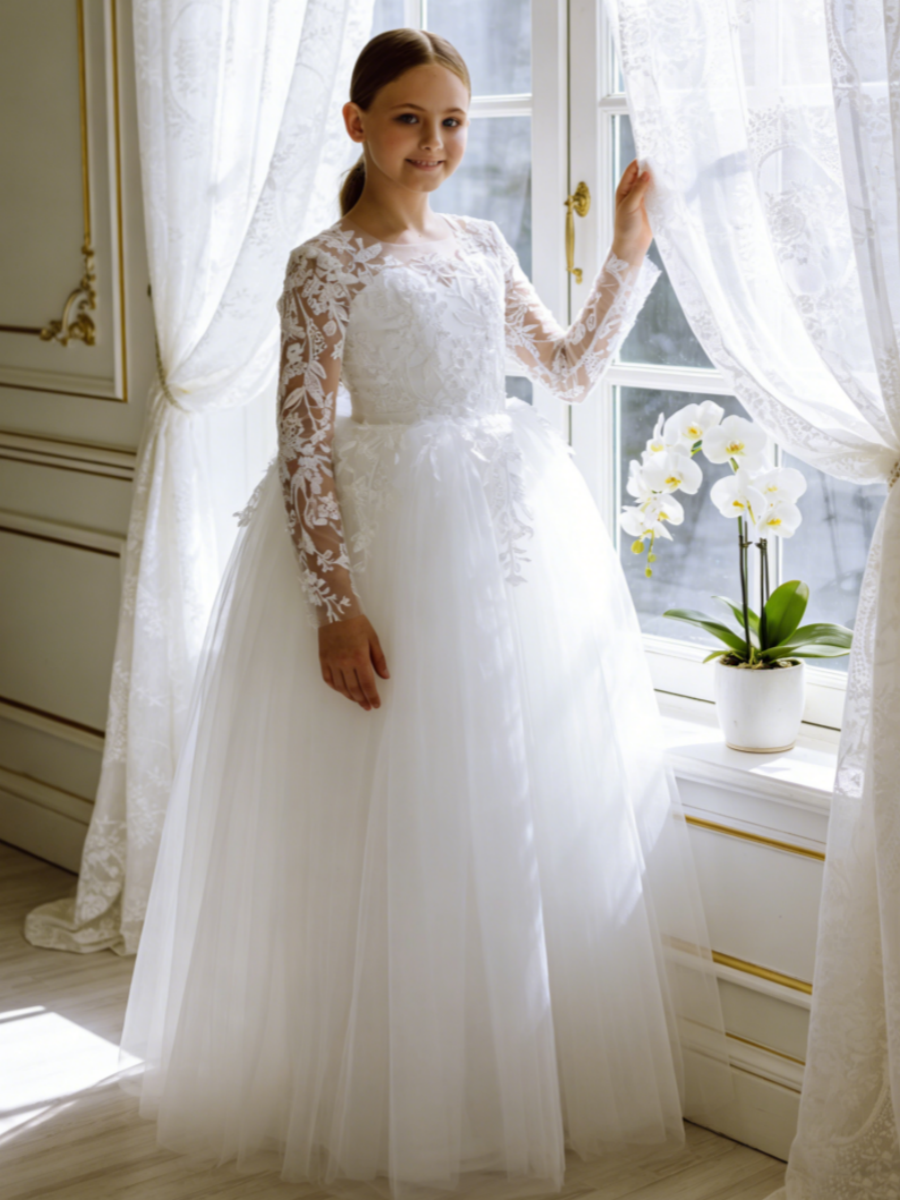 Long Lace Sleeve Tulle Flower Girl Gown with Back Bow for Wedding Formal First Communion