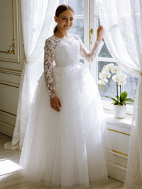 Long Lace Sleeve Tulle Flower Girl Gown with Back Bow for Wedding Formal First Communion