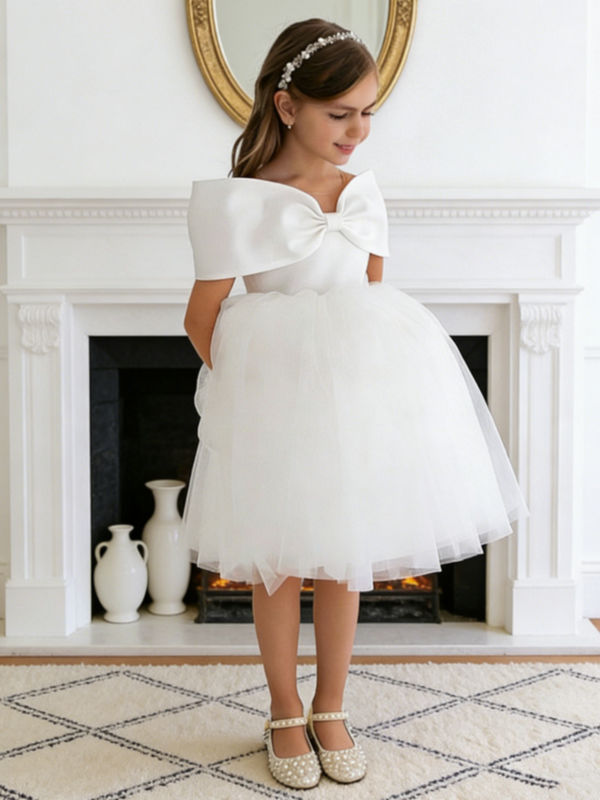 Off Shoulder Bow Tulle Flower Girl Dress for Wedding Formal Party