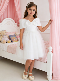 Off Shoulder Bow Tulle Flower Girl Dress for Wedding Formal Party