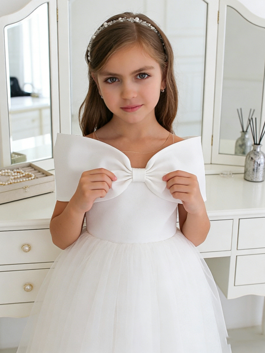 Off Shoulder Bow Tulle Flower Girl Dress for Wedding Formal Party