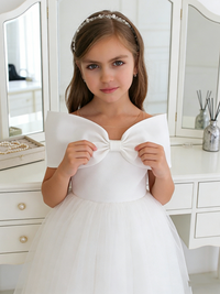 Off Shoulder Bow Tulle Flower Girl Dress for Wedding Formal Party