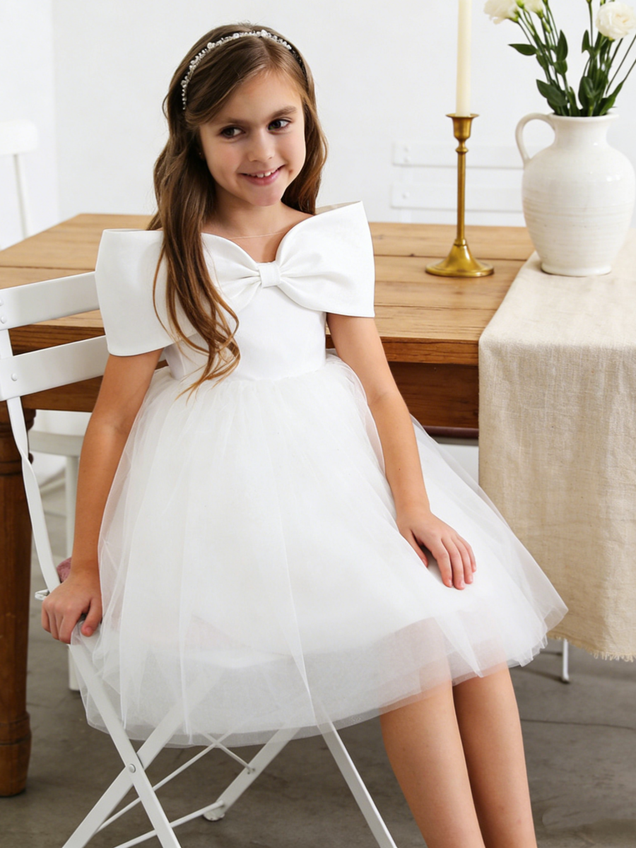 Off Shoulder Bow Tulle Flower Girl Dress for Wedding Formal Party
