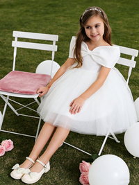 Off Shoulder Bow Tulle Flower Girl Dress for Wedding Formal Party