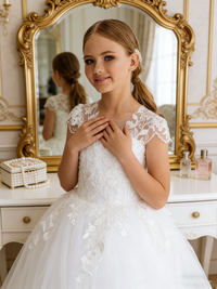 Lace Short Sleeve Tiered Tulle Flower Girl Gown for Wedding Formal Pageant