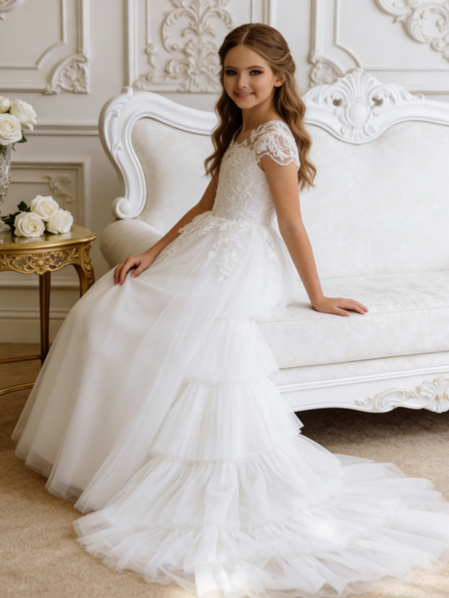 Lace Short Sleeve Tiered Tulle Flower Girl Gown for Wedding Formal Pageant