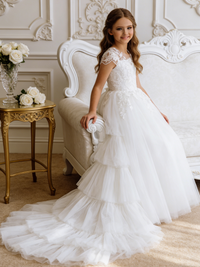 Lace Short Sleeve Tiered Tulle Flower Girl Gown for Wedding Formal Pageant