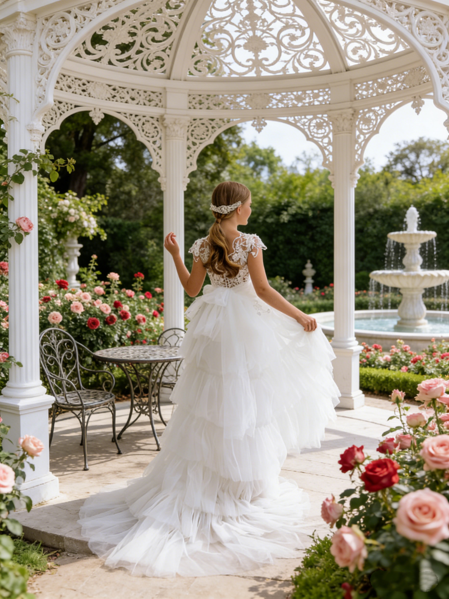 Lace Short Sleeve Tiered Tulle Flower Girl Gown for Wedding Formal Pageant