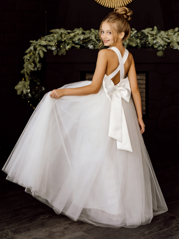 Sleeveless Cross Back Tulle Flower Girl Gown with Bow for Wedding Formal Party