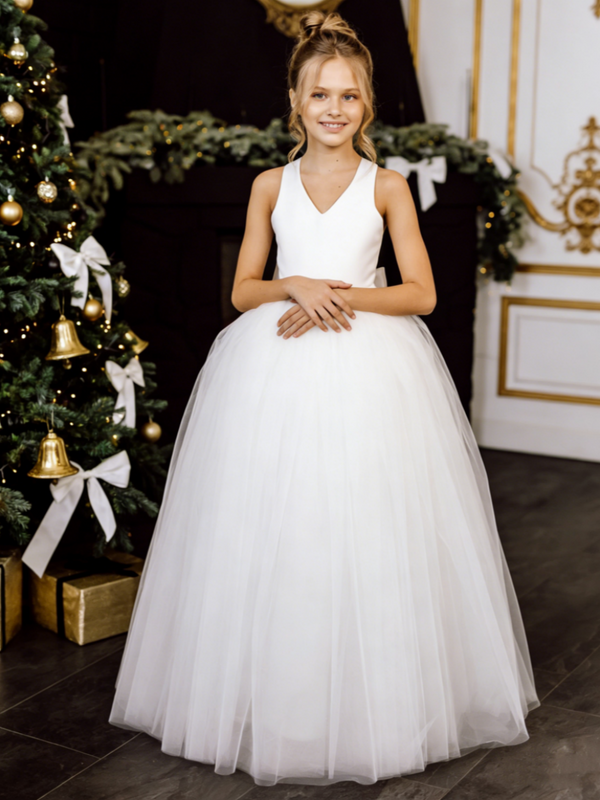 Sleeveless Cross Back Tulle Flower Girl Gown with Bow for Wedding Formal Party