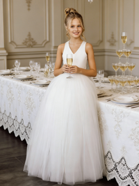 Sleeveless Cross Back Tulle Flower Girl Gown with Bow for Wedding Formal Party