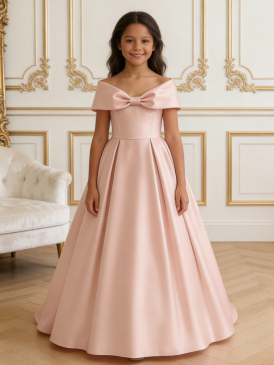 Off Shoulder Satin Flower Girl Gown with Bow for Wedding Formal Party
