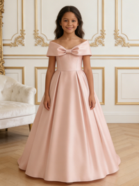 Off Shoulder Satin Flower Girl Gown with Bow for Wedding Formal Party