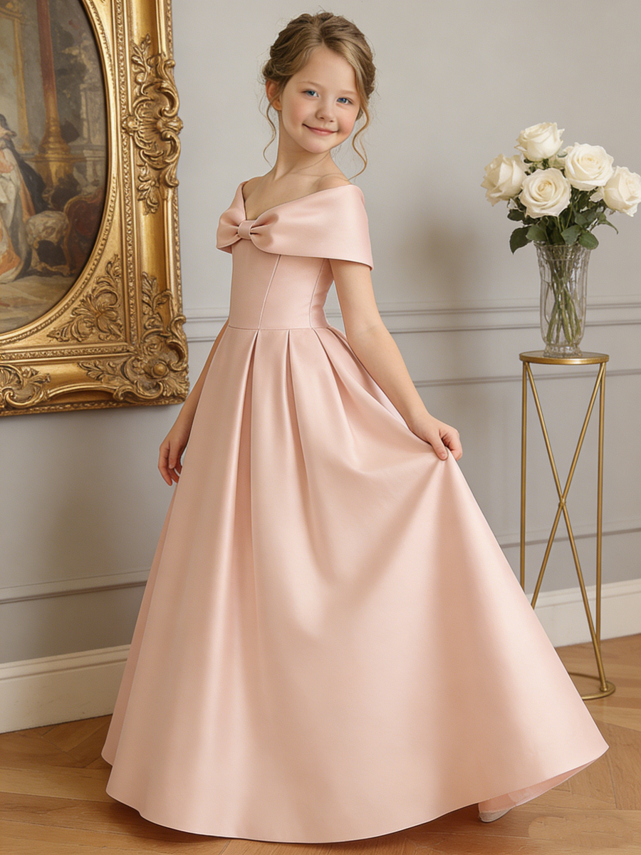 Off Shoulder Satin Flower Girl Gown with Bow for Wedding Formal Party