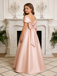 Off Shoulder Satin Flower Girl Gown with Bow for Wedding Formal Party