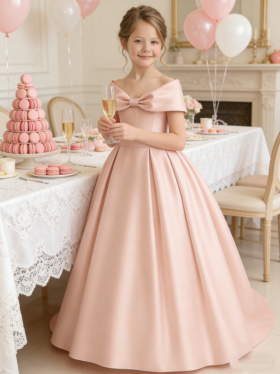Off Shoulder Satin Flower Girl Gown with Bow for Wedding Formal Party