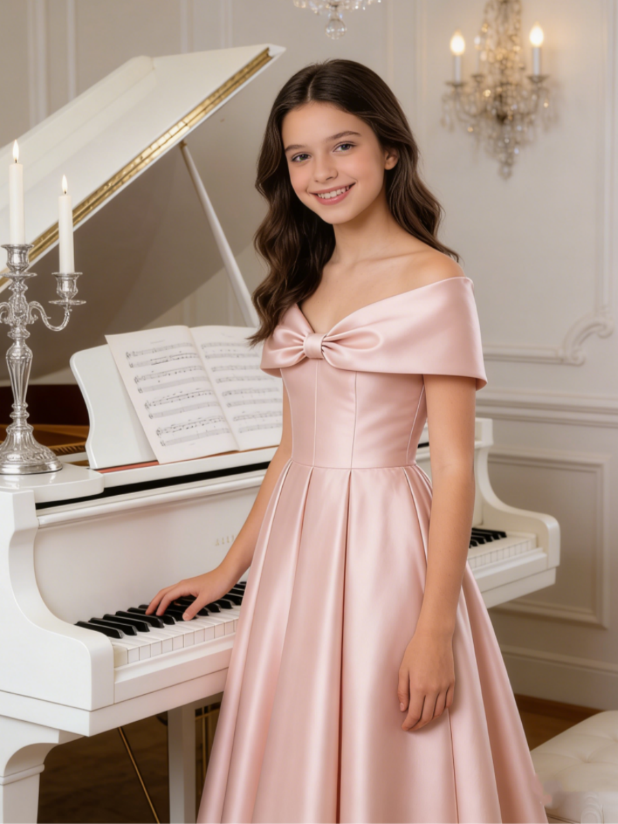Off Shoulder Satin Flower Girl Gown with Bow for Wedding Formal Party