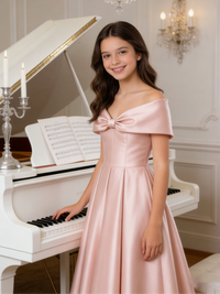 Off Shoulder Satin Flower Girl Gown with Bow for Wedding Formal Party