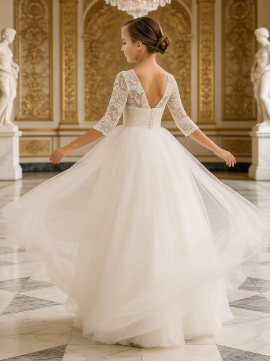 3/4 Sleeve Lace and Tulle Flower Girl Gown for Wedding and Formal Occasions