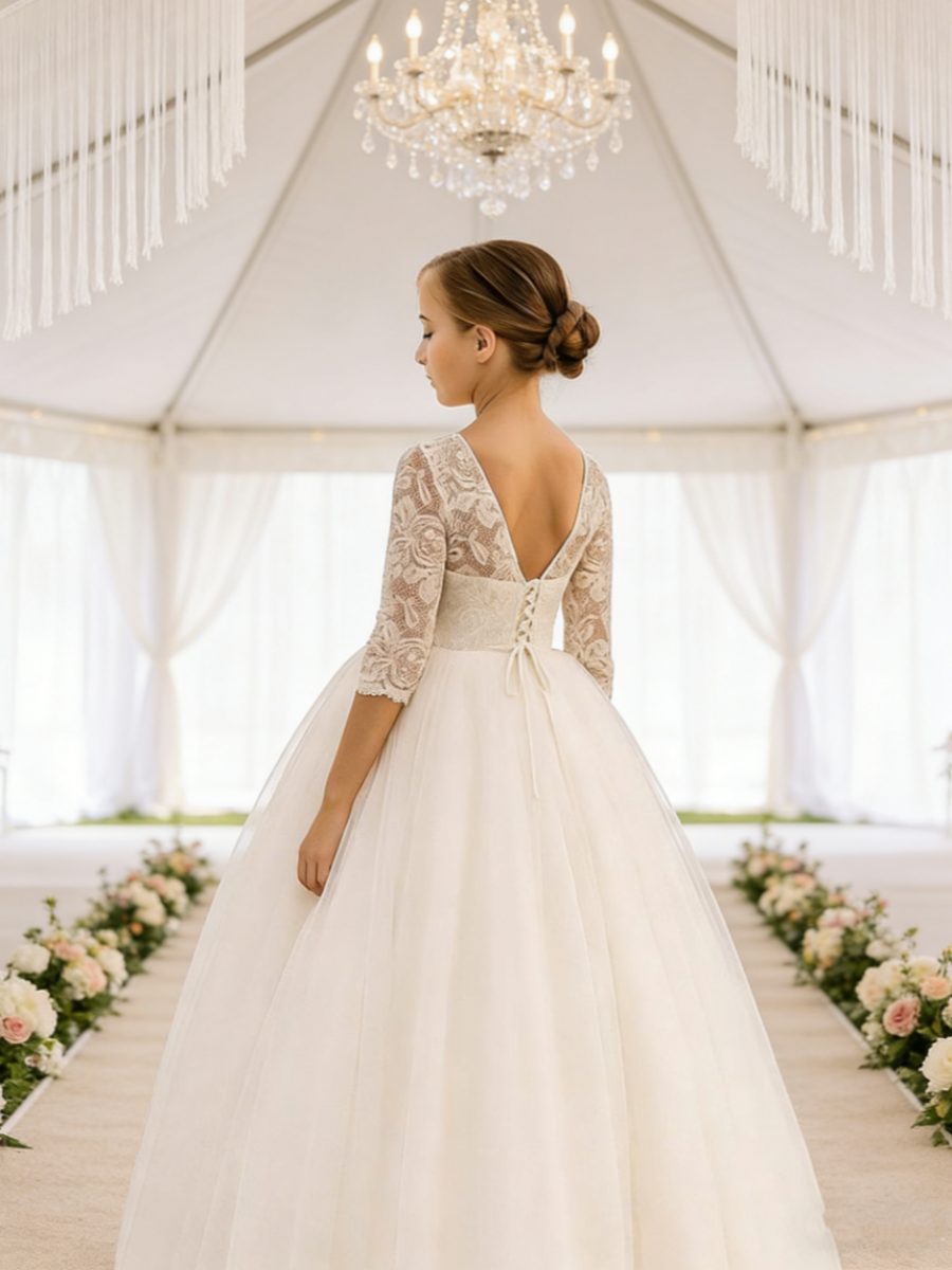 3/4 Sleeve Lace and Tulle Flower Girl Gown for Wedding and Formal Occasions