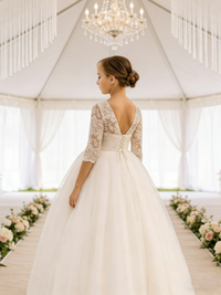 3/4 Sleeve Lace and Tulle Flower Girl Gown for Wedding and Formal Occasions