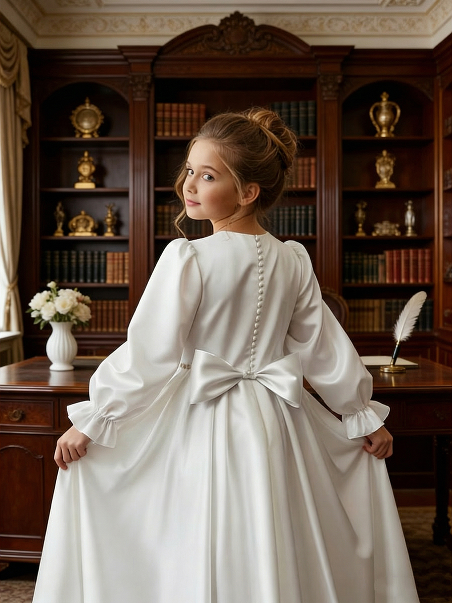 Long Puff Sleeve Satin Flower Girl Gown with Back Bow for Wedding Formal Events
