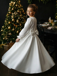 Long Puff Sleeve Satin Flower Girl Gown with Back Bow for Wedding Formal Events