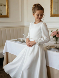 Long Puff Sleeve Satin Flower Girl Gown with Back Bow for Wedding Formal Events