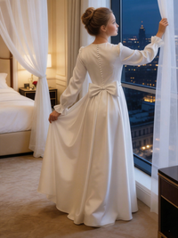 Long Puff Sleeve Satin Flower Girl Gown with Back Bow for Wedding Formal Events