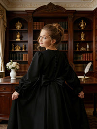 Long Puff Sleeve Satin Flower Girl Gown with Back Bow for Wedding Formal Events