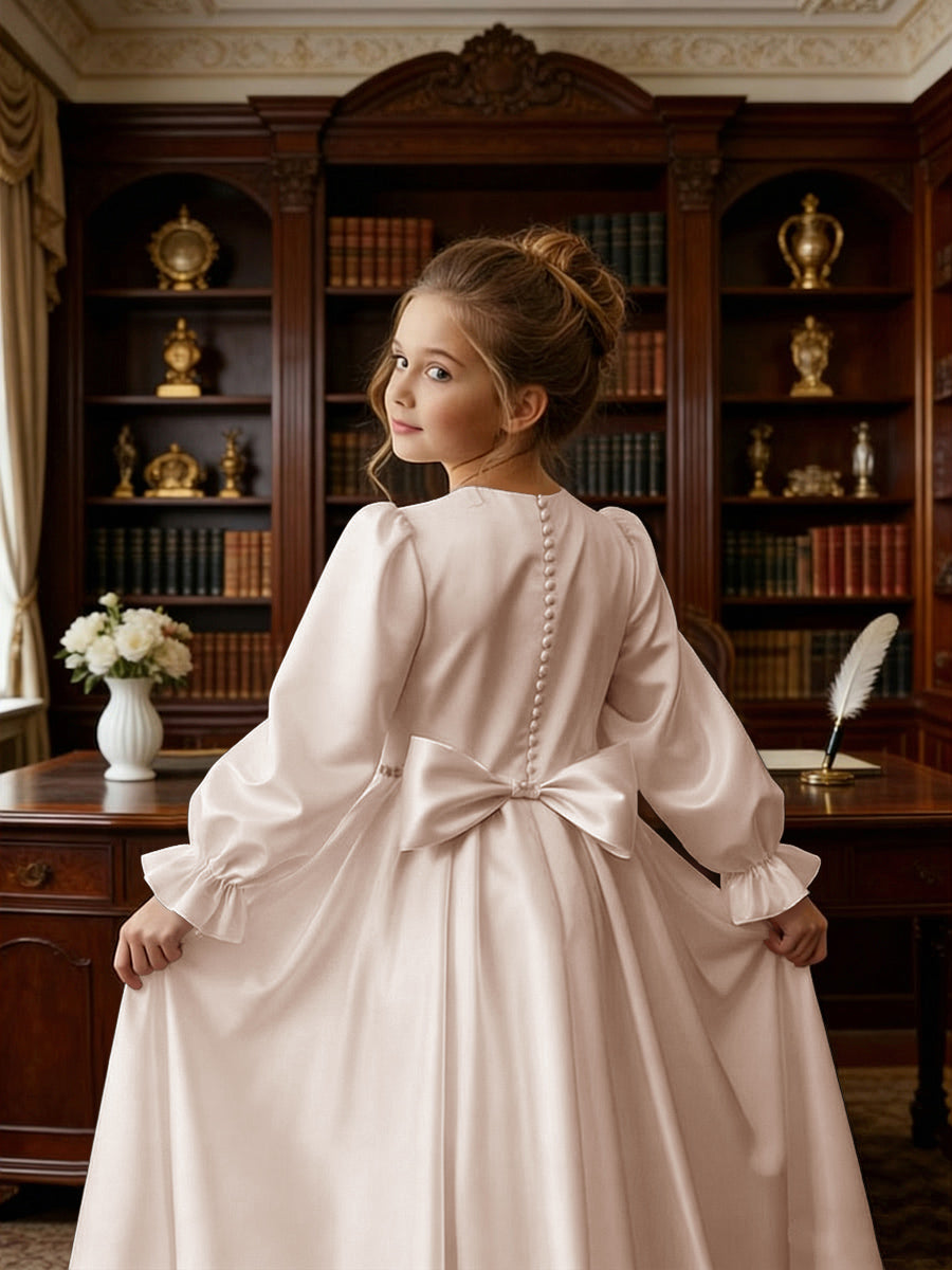 Long Puff Sleeve Satin Flower Girl Gown with Back Bow for Wedding Formal Events