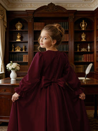 Long Puff Sleeve Satin Flower Girl Gown with Back Bow for Wedding Formal Events
