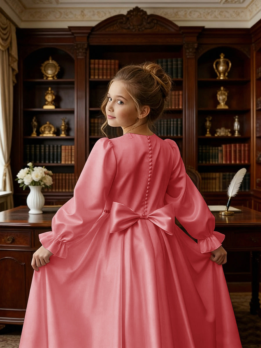 Long Puff Sleeve Satin Flower Girl Gown with Back Bow for Wedding Formal Events