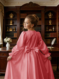 Long Puff Sleeve Satin Flower Girl Gown with Back Bow for Wedding Formal Events